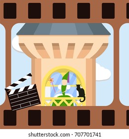 Cinema frame with green witch and black cat on the balcony of a medieval tower. Flat vector illustration