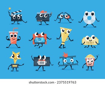 Cinema funny cartoon characters emoticon set isometric vector illustration. Movie theater mascot and film making smiley happy clapper 3d glasses disk ticket megaphone popcorn award cassette paper cup
