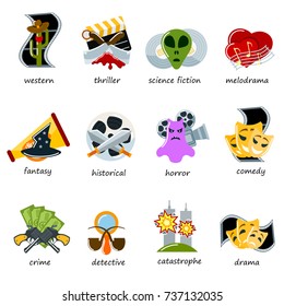 Cinema Genre Icons Set Flat Comedy, Drama, Thriller, Comedy Cinematography Movie Production Designation Marking Sign Vector Illustration.