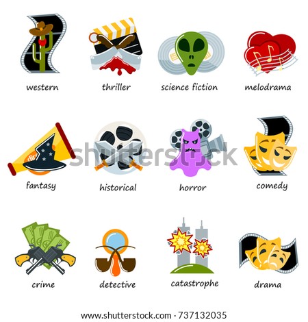 Cinema genre icons set flat comedy, drama, thriller, comedy cinematography movie production designation marking sign vector illustration.