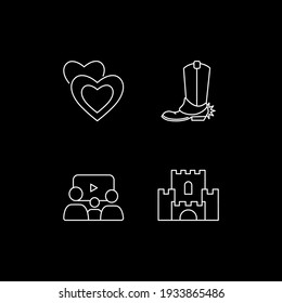 Cinema genres categories white linear icons set for dark theme. Romantic film. Western movie. Night mode customizable thin line symbols. Isolated vector outline illustrations. Editable stroke