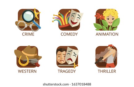 Cinema Genres Set, Crime, Comedy, Animation, Western, Tragedy, Thriller, Cinematography, Movie Production Sign Vector Illustration