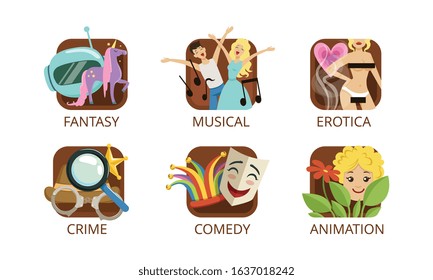 Cinema Genres Set, Crime, Fantasy, Musical, Erotica, Crime, Comedy, Animation, Cinematography, Movie Production Sign Vector Illustration