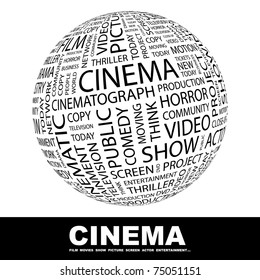 CINEMA. Globe mit unterschiedlichen Assoziations-Begriffen. Wordcloud, Vektorgrafik.