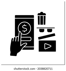Cinema glyph icon. Online tips for cinema services. Popcorn and film watching. Positive review. Entertainment place. Virtual tips concept.Filled flat sign. Isolated silhouette vector illustration