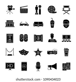 Cinema glyph icons set. Movie theater. Equipment, service, awards. Silhouette symbols. Vector isolated illustration