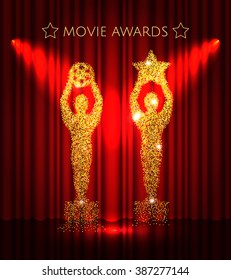 Cinema gold glitter awards set with stars on the  red curtain  background