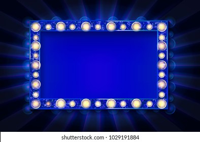 Cinema golden rectangular frame with shining light bulbs on blue curtains background. vector illustration
