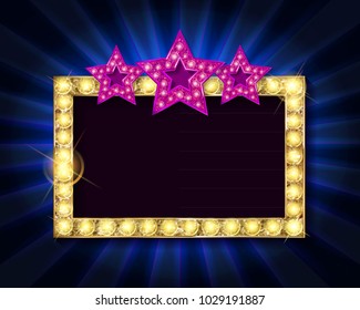 Cinema golden rectangular frame with shining light bulbs on blue curtains background. vector illustration