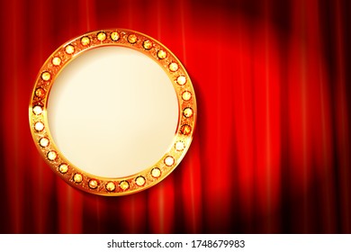 Cinema golden round frame with shining light bulbs on red curtains background. vector illustration