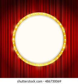 goldener Rundrahmen im Kino mit leuchtenden Glühbirnen auf rotem Hintergrund. Vektorgrafik