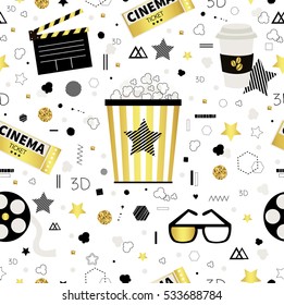 Cinema. Golden seamless pattern in trendy  scandinavian style.  All elements are  hidden under mask. Pattern are not cropped and can be edited. 