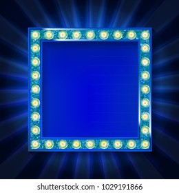 Cinema golden square frame with shining light bulbs on blue curtains background. vector illustration
