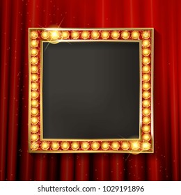 Cinema golden square frame with shining light bulbs on red curtains background. vector illustration
