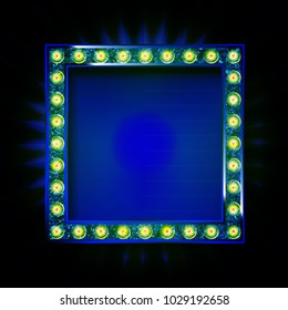 Cinema golden square frame with shining light bulbs on blue curtains background. vector illustration