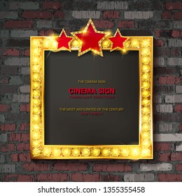 Cinema golden square frame with shining light bulbs against a vintage brick wall. vector illustration