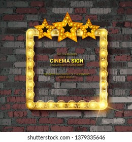 Cinema golden square frame with shining light bulbs against a vintage brick wall. vector illustration
