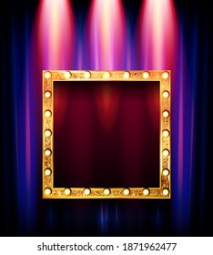 Marco cuadrado dorado del cine con bombillas brillantes sobre el fondo de las cortinas rojas. ilustración vectorial
