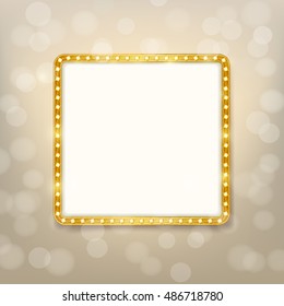 Cinema Golden Square Frame With Shining Light Bulbs On Blurry Background. Vector Illustration