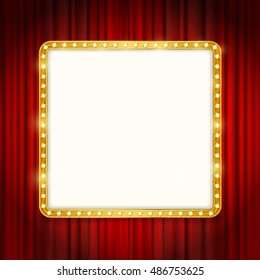 cinema golden square frame with shining light bulbs on red curtains background. vector illustration