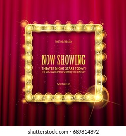cinema golden square frame with shining light bulbs on red curtains background. vector illustration