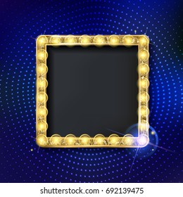cinema golden square frame with shining light bulbs on blue curtains background. vector illustration