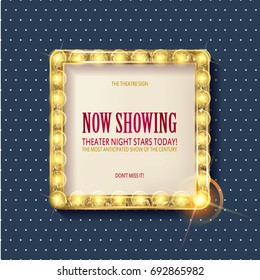 Cinema golden square frame with shining light bulbs on the background of polka dot vector illustration