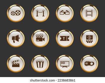 cinema gold-rimmed vector icons on dark background. cinema icons in gold frame for web, mobile and ui design