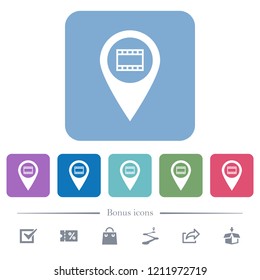 Cinema GPS map location white flat icons on color rounded square backgrounds. 6 bonus icons included
