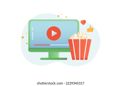 Cinema gradient icons concept scene in the flat cartoon design. Computer and popcorn to watch movies. Vector illustration.