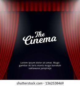 Cinema grand opening poster background template. Opened theater curtain with spotlights illustration design.