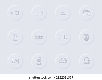cinema gray vector icons on round rubber buttons. cinema icon set for web, mobile apps, ui design and promo business polygraphy