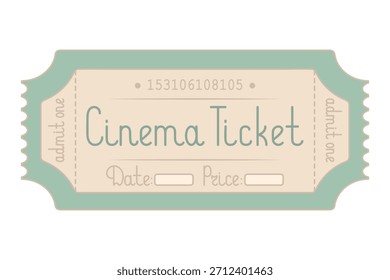 Cinema. Bilhete verde admita um. Data e preço são indicados. Letra manuscrita com letra maiúscula. Ilustração do vetor de cores. Bilhete rasgado com um número. Isolado no fundo branco.
