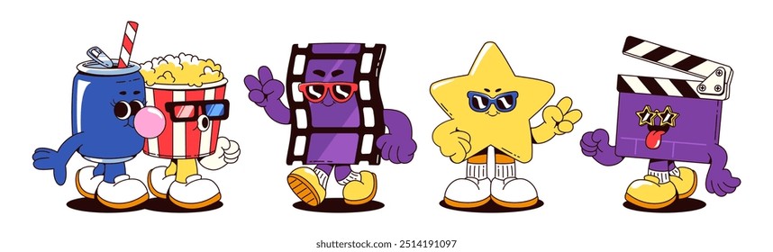 Cinema groovy cartoon characters. Comic retro vector set of movie mascot with funny faces, hands and legs - popcorn bucket and can with soda friends, film tape and star in glasses, clapper board.