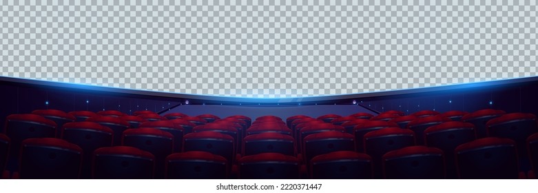 Sala de cine con asientos de audiencia y pantalla panorámica en blanco con fondo transparente. Plantilla del interior del auditorio del cine con hileras de sillas rojas, ilustración vectorial de dibujos animados