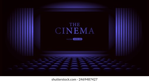 Cinema hall with black blank screen. Rows of seats, blue cinema chairs. Theater empty scene. Movie theatre. Realistic render. Flat style cartoon design. Minimalism. Vector eps10 illustration.