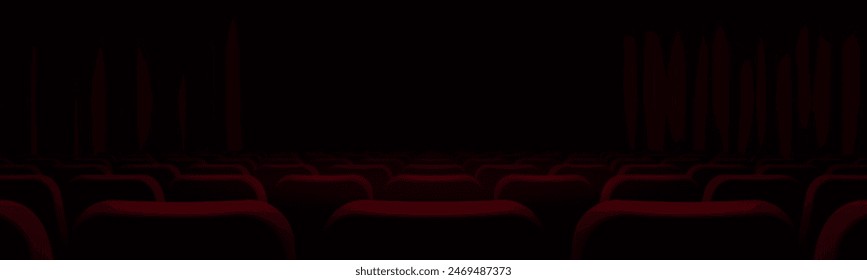 Cinema hall with blank screen. Dark scene. Rows of seats, red cinema chairs. Theater empty scene. Movie theatre. Realistic render. Flat style cartoon design. Minimalism. Vector eps10 illustration.