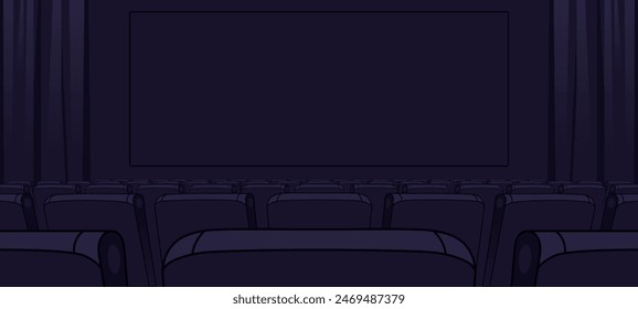 Sala de cine con pantalla en blanco. Escena oscura. Filas de Vacantes, sillas de cine. Escena vacía de teatro. Cine. Renderizado realista. Diseño de dibujos animados de estilo plano. Minimalismo. ilustración del Vector eps10.