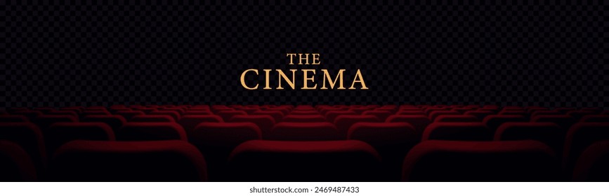 Cinema hall with blank screen. Dark scene. Rows of seats, red cinema chairs isolated. Theater scene. Movie theatre. Realistic render. Flat style cartoon design. Minimalism. Vector eps10 illustration.