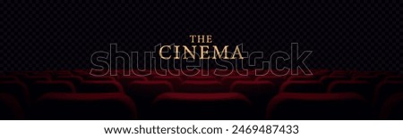 Cinema hall with blank screen. Dark scene. Rows of seats, red cinema chairs isolated. Theater scene. Movie theatre. Realistic render. Flat style cartoon design. Minimalism. Vector eps10 illustration.