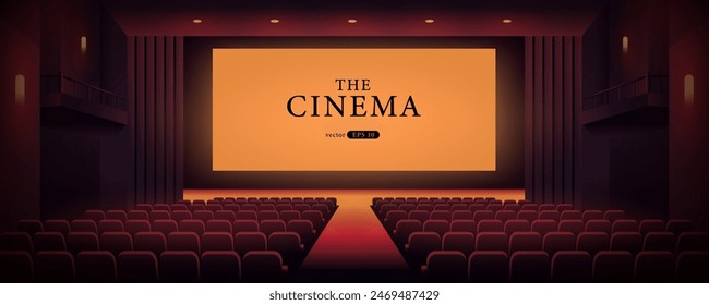 Cinema hall with blank screen. Rows of seats, red cinema chairs. Theater empty scene. Movie theatre. Realistic render. Flat style cartoon design. Minimalism. Vector eps10 illustration.