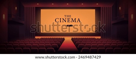 Cinema hall with blank screen. Rows of seats, red cinema chairs. Theater empty scene. Movie theatre. Realistic render. Flat style cartoon design. Minimalism. Vector eps10 illustration.