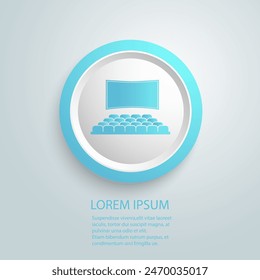 Cinema hall blue icon, movie theater entertainment screen. Performance theatre stage. Vector cinema hall illustration on white background