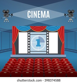 Cinema Hall Design Over Blue Background. Detailed Vector Illustration.