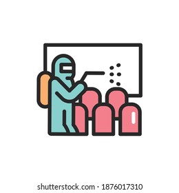 Cinema hall disinfection color line icon. Isolated vector element.