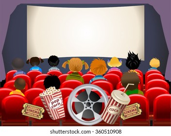 Cinema hall. Empty cinema screen with audience