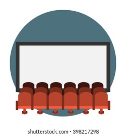 Cinema hall flat icon. Rows of red cinema seats in front of white blank screen