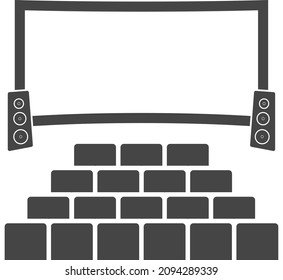 Cinema hall, cinema hall icon with audio speakers and rows of armchairs on a white background. Vector, cartoon illustration.