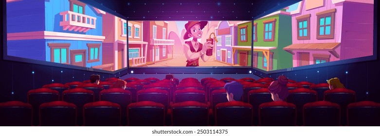 Kinosaal Innenraum mit roten Sitzen und Western-Film auf der Leinwand. Cartoon Vektor Rückansicht auf Menschen im Kino Auditorium mit Samt Stuhl Reihen und wilden West-Film auf breiter Anzeige.