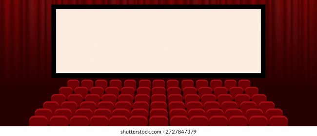 Interior do salão de cinema com tela e assentos vermelhos. Ilustração de cinema para temas de entretenimento e apresentação de filmes
